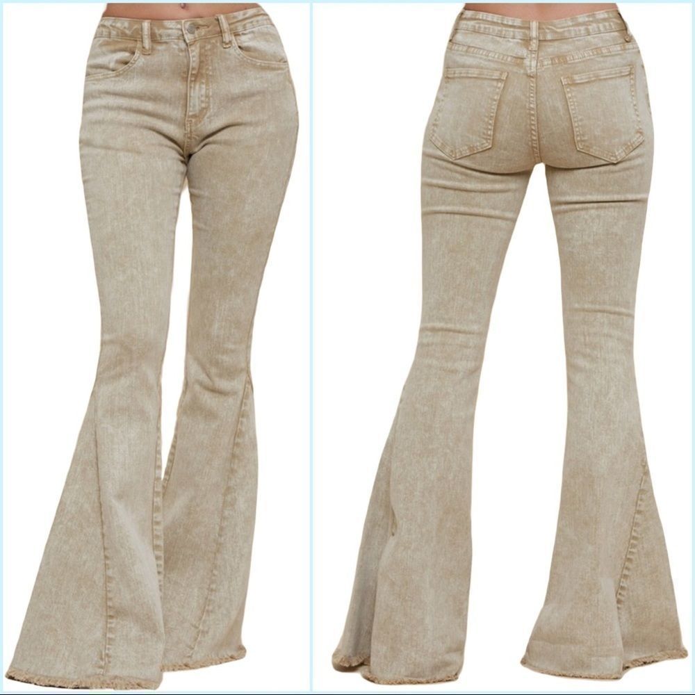 Acid Washed Khaki Bell Bottom Jeans/ Flare Jeans / 34.75- 35.25” Inseam